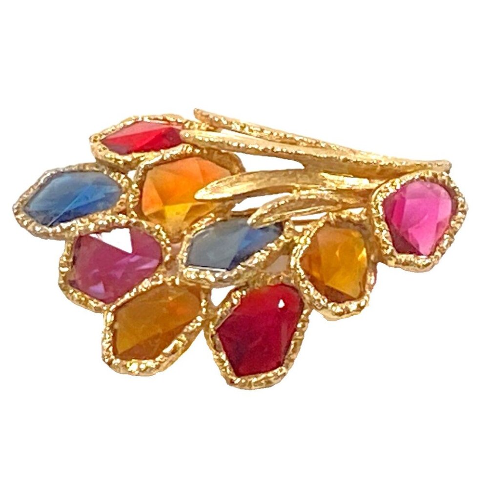 CAPRI Faceted Glass Brooch Bright Gold Tone Modern Multicolor Flower Spray VTG